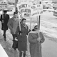 Englewood, NJ: Protest segregated schools: Pickets in front of the Municipal Building here February 2nd, to protest the arrest of 11 persons during sit-in demonstrations protesting allegedly segregated school. The sit-in took place Feb.1 and Feb 2. at City Hall in protest to a Board of education ruling barring nine Negro children from predominantly white Quarles School Feb 1., because of a zoning restriction.